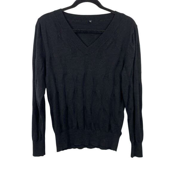 ARACH & CLOZ Women V Neck Sweater size Medium Black Texture Knit Long Sleeve - Picture 1 of 9
